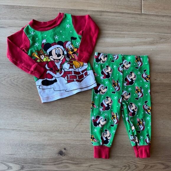 Retro Disney Mickey Mouse Baby Christmas Holiday 2 Piece Pajamas Size 12 Months - Picture 2 of 5
